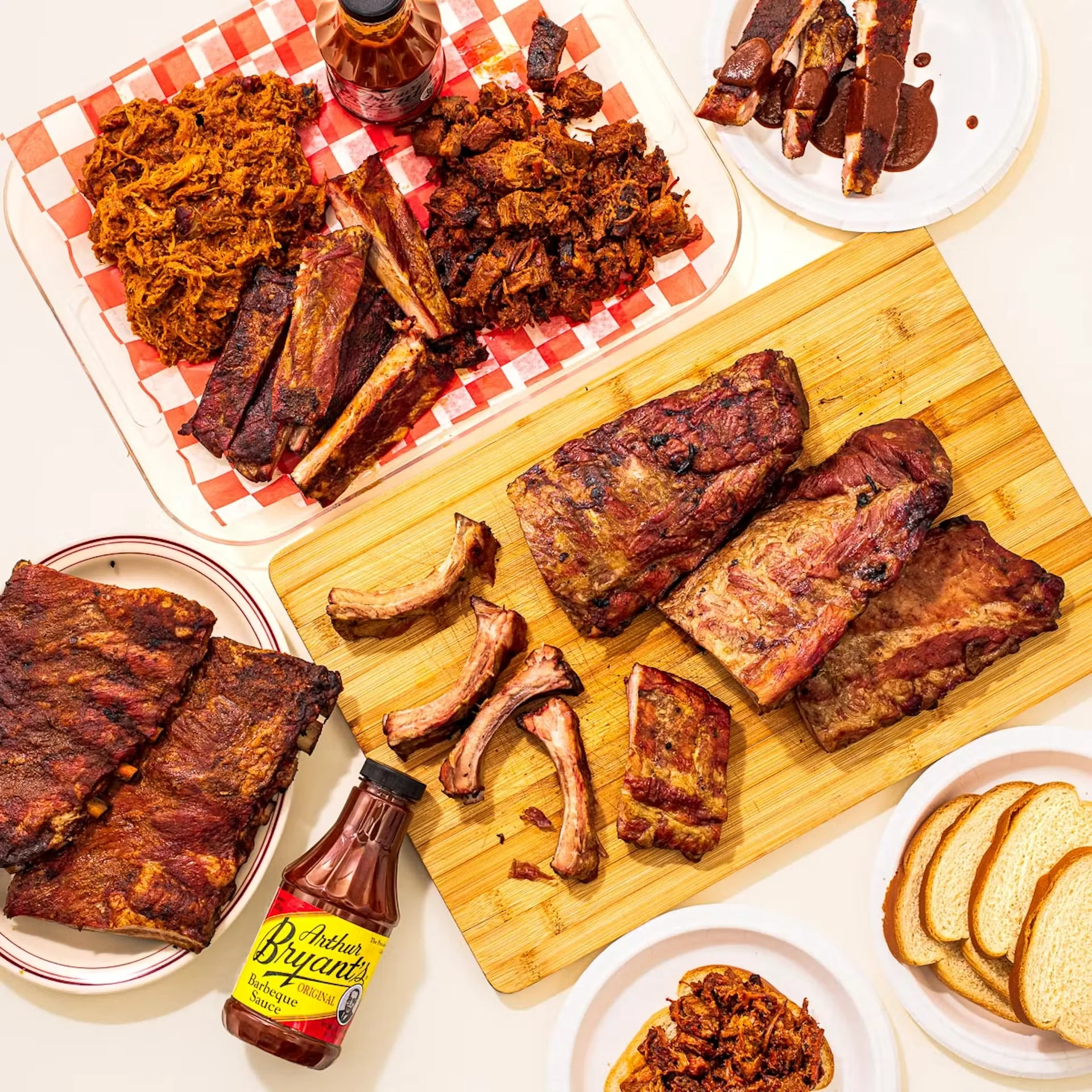 Arthur Bryant’s barbecue sampler with ribs, pulled pork, burnt ends, and sauce