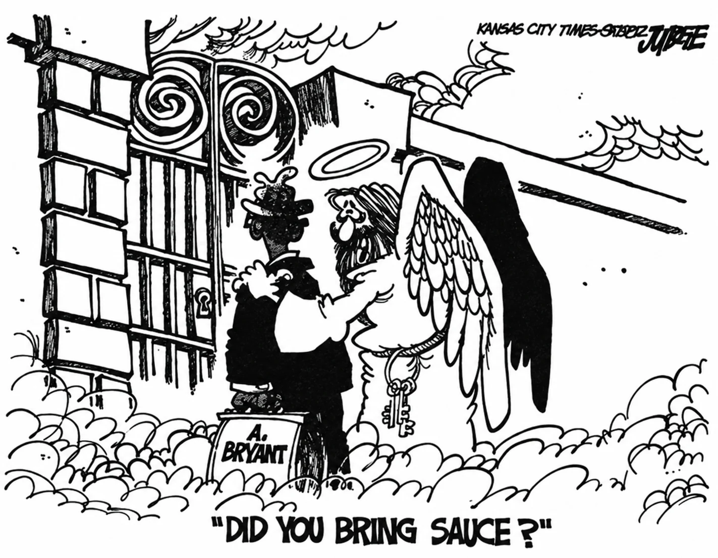 A Kansas City Times cartoon showing a visitor asking if someone brought Arthur Bryant’s sauce