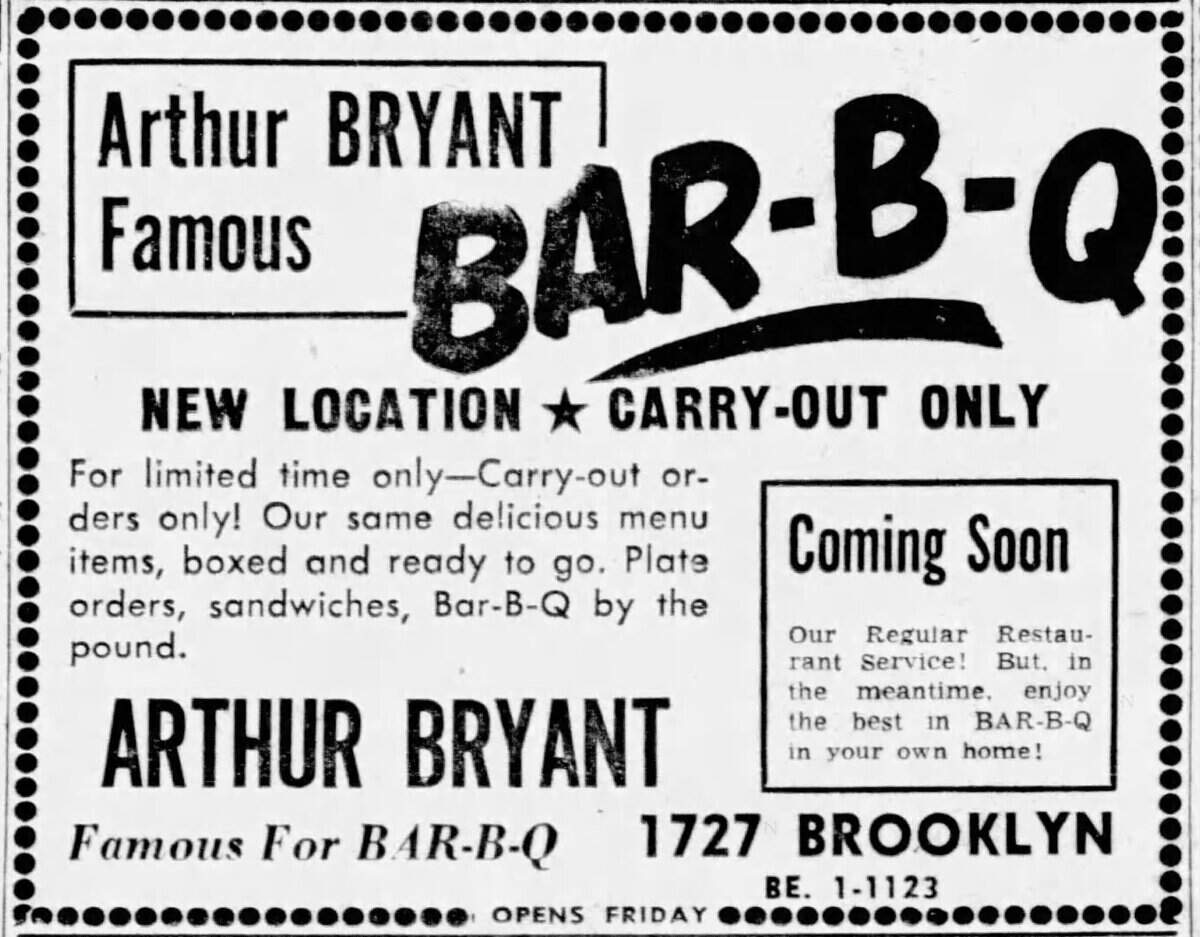 A 1959 Arthur Bryant’s advertisement announcing the move to Brooklyn Avenue