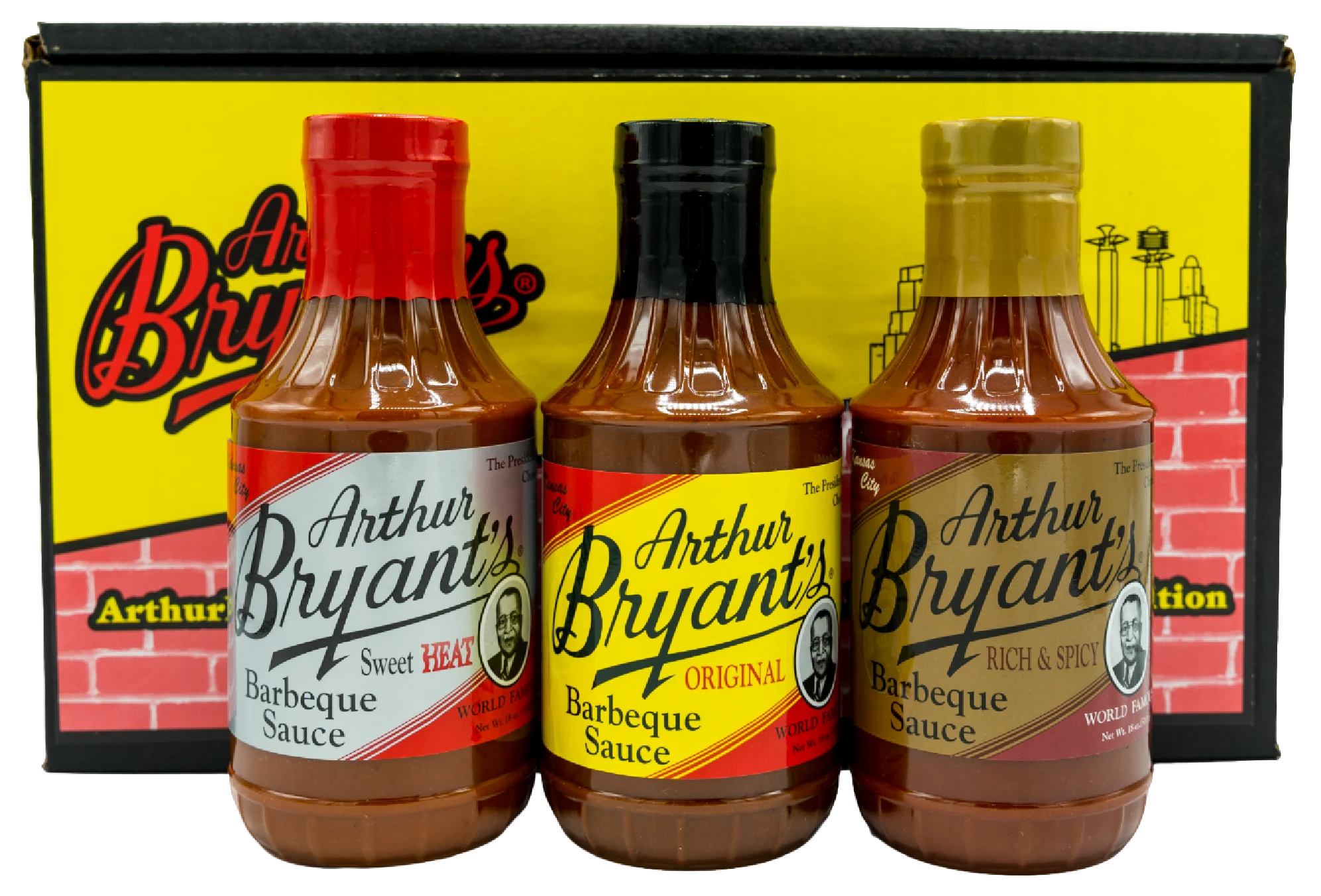 Arthur Bryant’s Sweet Heat, Original, and Rich & Spicy barbecue sauces in front of a gift box