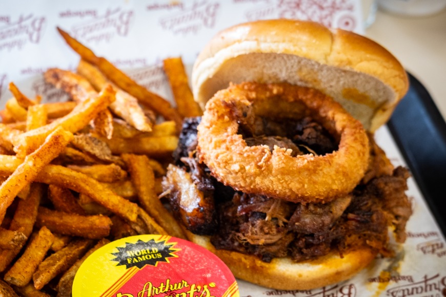 The 3B sandwich with an onion ring and fries